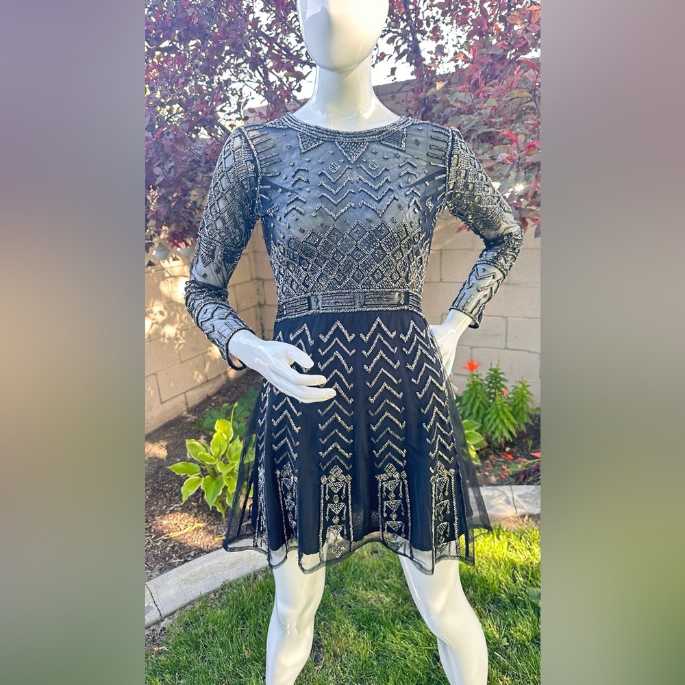 Karina Grimaldi Black and White A-Line Long Sleeve Dress